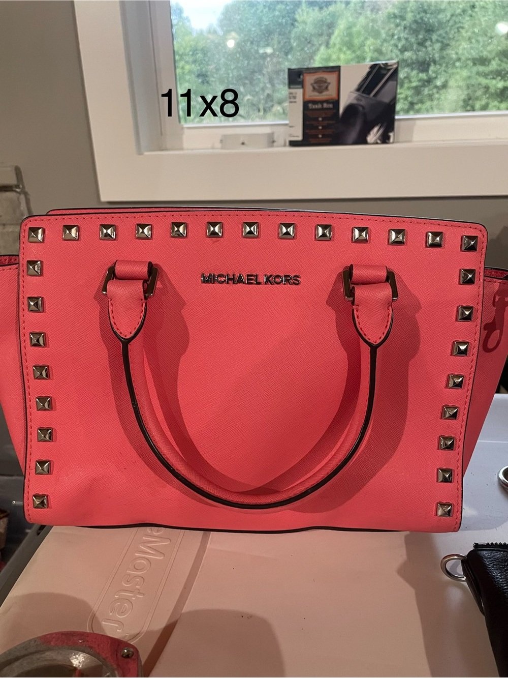 MICHAEL KORS Coral Pink Studded Saffiano Satchel